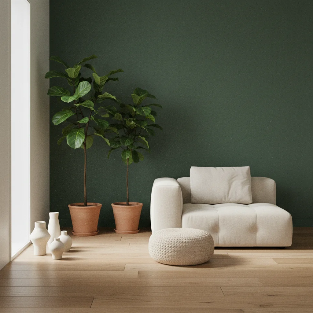 Calm home office workspace with a notebook, a potted plant, and morning light on a wooden desk