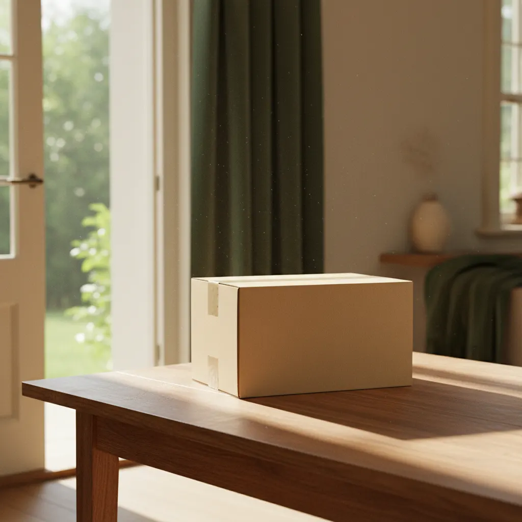 A neat plain kraft parcel box resting on a table near a bright entryway door