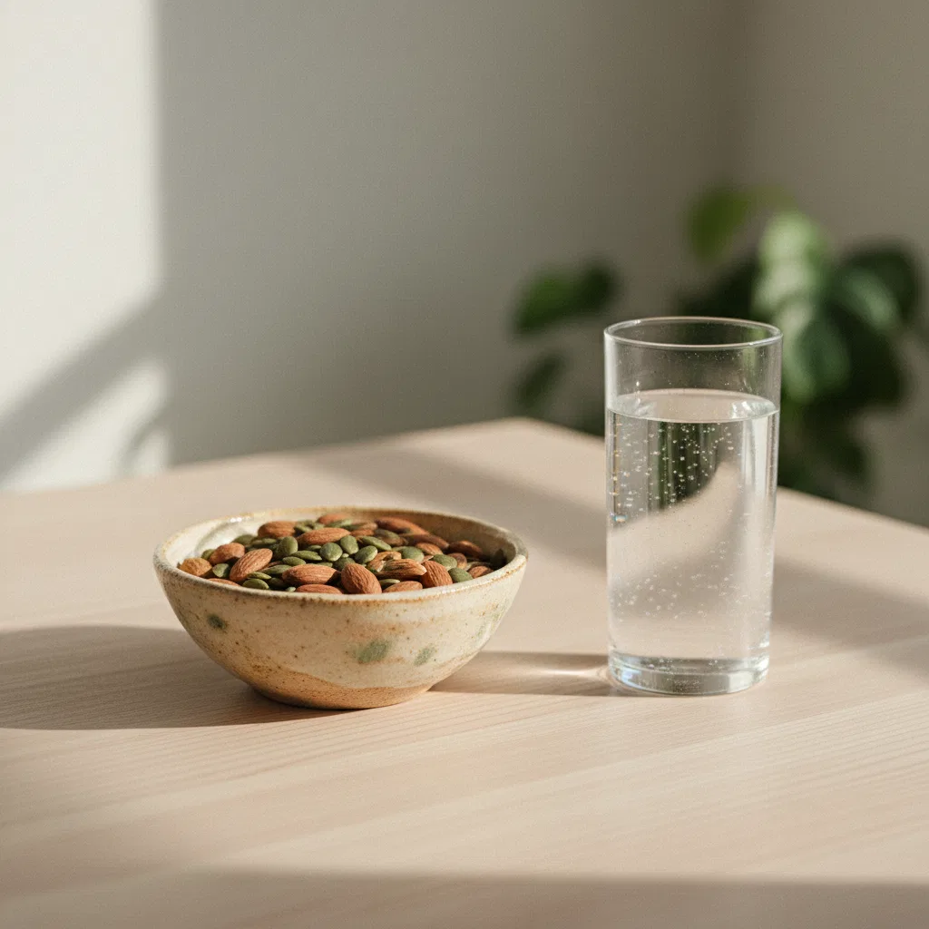 Almonds, pumpkin seeds, and dark leafy greens arranged on cream paper - natural sources of Magnesium and Zinc