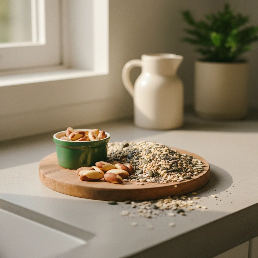 Brazil nuts and whole grain seeds on a wooden board with a small ceramic bowl
