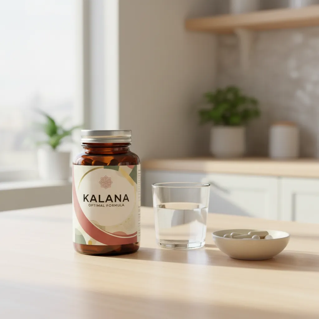 Kalana Optimal Formula amber glass jar on a bright kitchen table next to a glass of water and a small dish of almonds