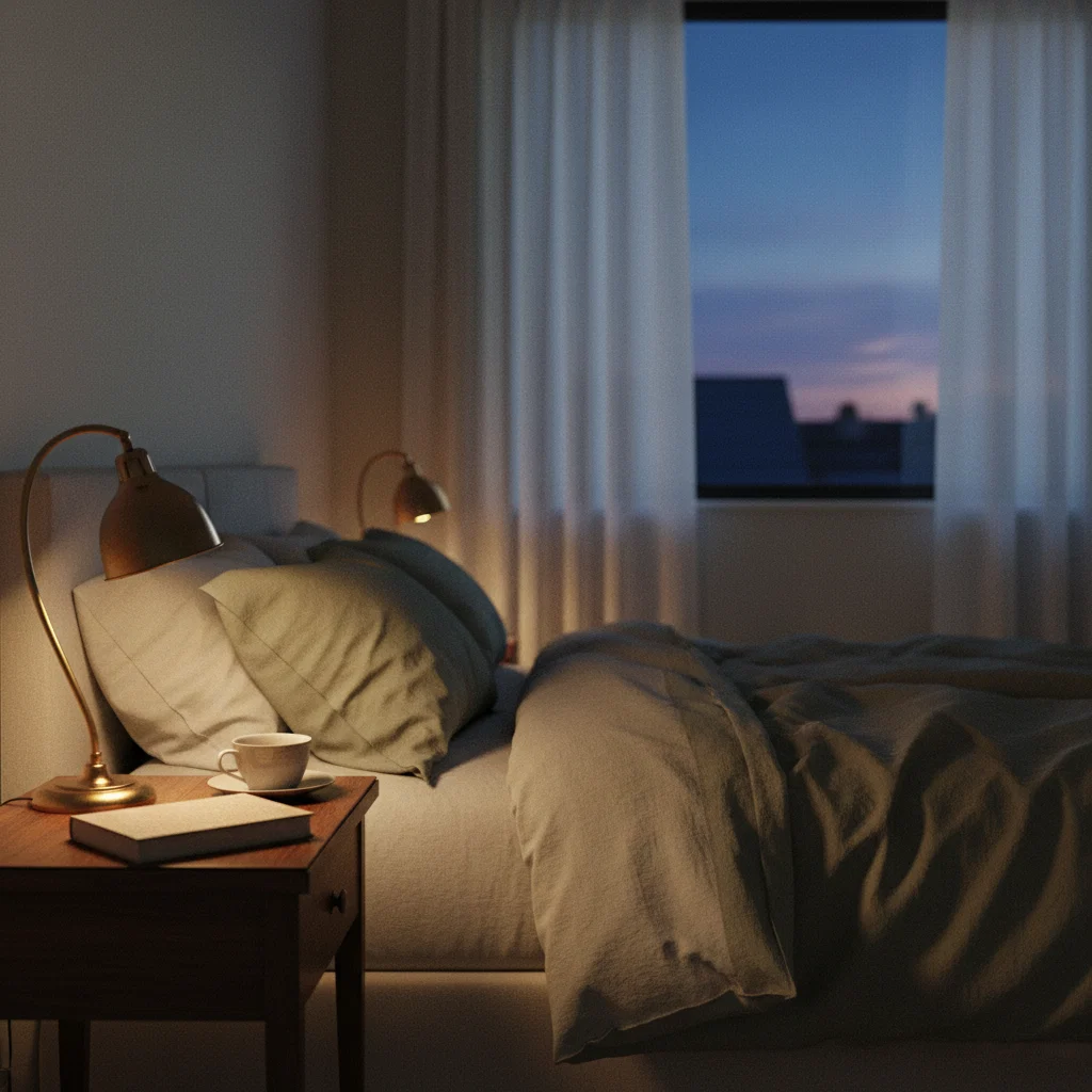 Zachte lamp verlicht een rustige slaapkamer in het blauwe avondlicht, zonder mensen